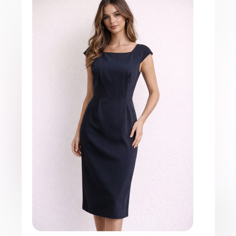 Chadwicks Navy Cap-Sleeve Midi Sheath Dress
